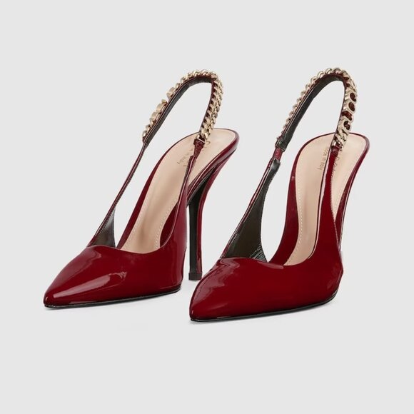 Gucci Signoria 105 Patent Leather Slingback Pumps Logo Burgundy Red New